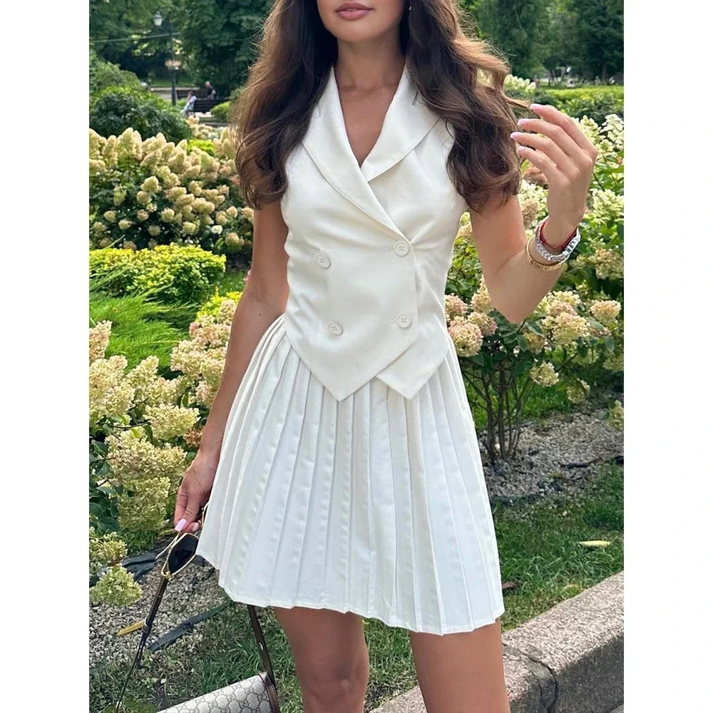 Commense‎ Suit Waistcoat With Pleated Mini Skirt Set off white size XS - Picture 4 of 4